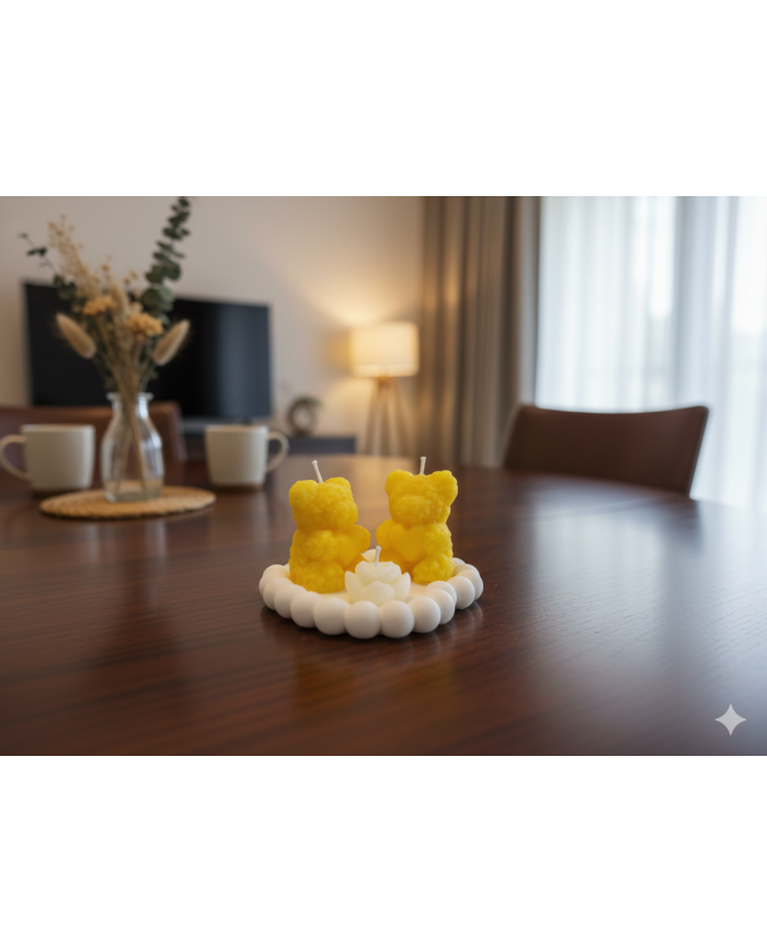 Kalp Beton Tabak Yasemin Kokulu 2 Adet Büyük Ayıcık Mum 1 Adet Çiçek Mum 3'lü Set